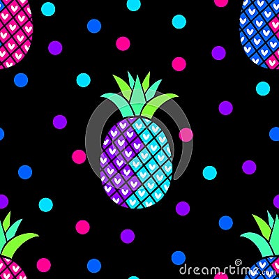 Neon style Pineapples Tropical Pattern Vector Illustration