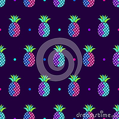 Neon style Pineapples Tropical Pattern Vector Illustration