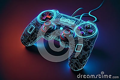 Neon-stylized gamepad in a unique design. Future of gaming. Console gaming. Generative AI Stock Photo