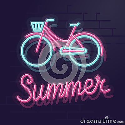 Neon summer bicycle. Night illuminated wall street sign. Isolated geometric style illustration on brick wall background Cartoon Illustration