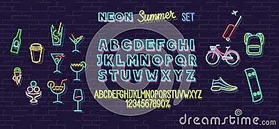 Neon summer icons and font set isolated on brick wall background. For logo, poster, banner. Headline and small letters. Stock Photo