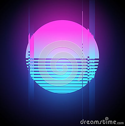 Neon Sun Glitch Effect Vector Illustration