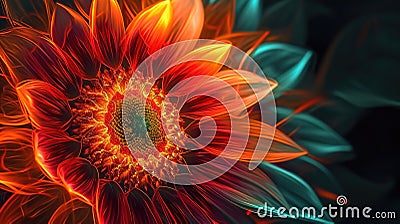 A neon sunflower with a golden center and petals in shades of orange and red radiating warmth and energy Stock Photo