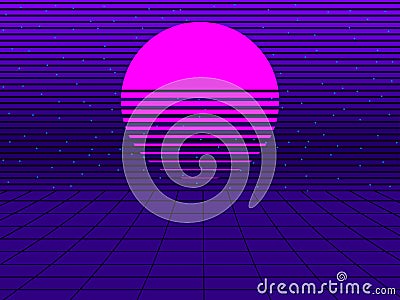 Neon sunset in the style of 80s. Synthwave retro futuristic background. Retrowave. Vector Vector Illustration