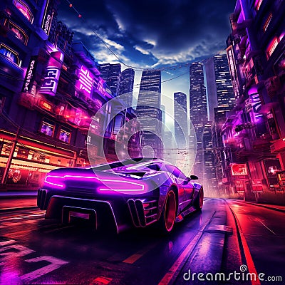 Neon supercar city skyline low angle street night view illustration Cartoon Illustration