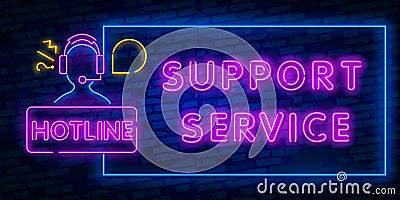 Neon support service. Handset neon light icon. Incoming call. Hotline. Telephone support. Glowing sign. Vector isolated Cartoon Illustration