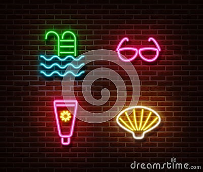 Neon swimming pool,sunglasses, sunscreen, shell Vector Illustration