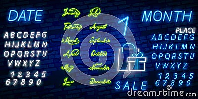 Neon symbol for all Month Name with colorful elements : Vector Illustration. Glowing neon sign, bright glowing advertising, sales Stock Photo