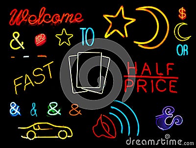 Neon Symbols and Words Stock Photo