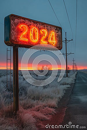 Neon text 2024 on sign next to road before dawn. The image is generated with the use of an AI. Stock Photo