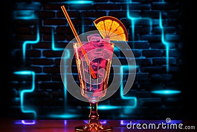 Neon thirst quencher A sign illuminates a cocktail garnished with a miniature umbrella Stock Photo