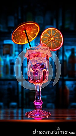 Neon thirst quencher A sign illuminates a cocktail garnished with a miniature umbrella Stock Photo
