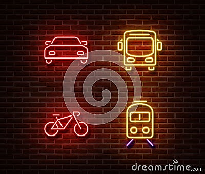 Neon transport signs vector isolated on brick wall. Auto car, bus, bike, train light symbols, decora Vector Illustration