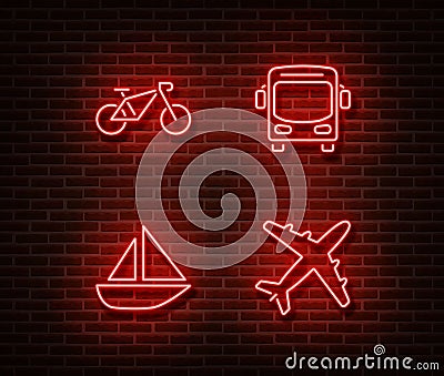 Neon transport signs vector isolated on brick wall. Bike, bus, boat, airplane light symbols, decorat Vector Illustration