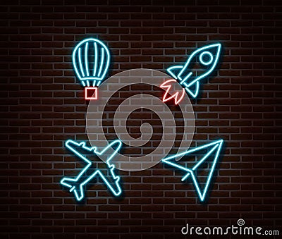 Neon transport signs vector isolated on brick wall. Cartoon Illustration
