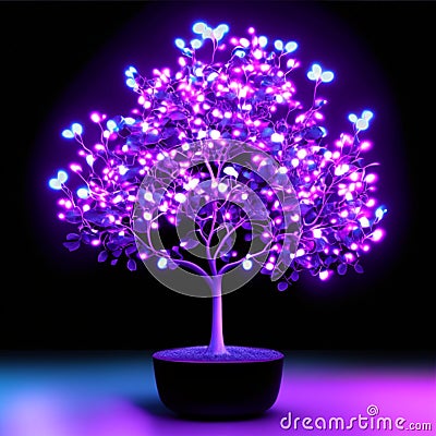 Neon tree on a black background. 3D rendering. Neon light AI generated Stock Photo