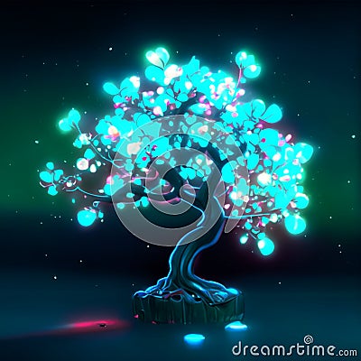 Neon tree with glowing lights. Vector illustration in cartoon style. Generative AI Cartoon Illustration