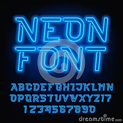 Neon tube alphabet font. Blue color oblique type letters and numbers. Vector Illustration