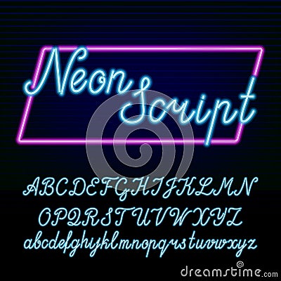 Neon tube alphabet font. Hand drawn script type letters and numbers on a dark background. Vector Illustration