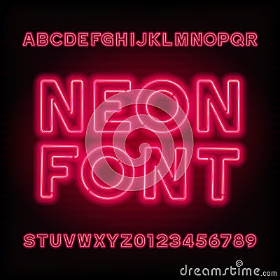 Neon tube alphabet font. Red color type letters and numbers. Vector Illustration