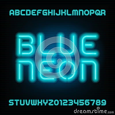 Neon tube alphabet font. Type letters and numbers. Blue color on a dark background. Vector Illustration