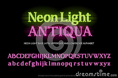 Neon tube alphabet typeface. Neon color light serif letters. Base latin uppercase and lowercase type set. full english ABC. Stock Photo