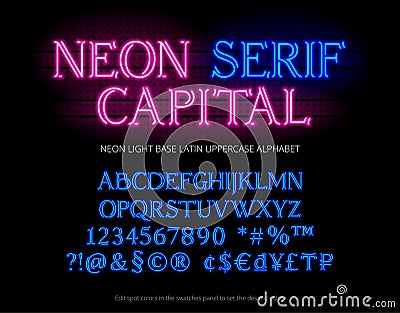 Neon tube base latin alphabet typeface with serifs letters, numbers, special symbols, characters and currency sign. Vector Illustration