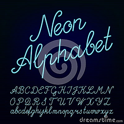 Neon tube hand drawn alphabet font Vector Illustration