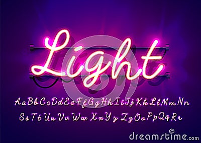 Neon tube hand drawn alphabet font. Script type letters on a dark background. Vector typeface for labels, titles or Vector Illustration