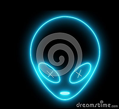 Neon UFO face, alien emoji glowing light. Creature, monster, futuristic character isolated with led, neon light Stock Photo