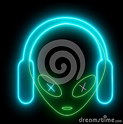 Neon UFO face, alien emoji listening music with headphones glowing light. Creature, monster, futuristic character with le Stock Photo