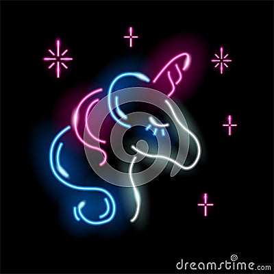 Neon unicorn face icon isolated on black background. Girl, magic, fantasy, child concept for logo, banner. Cute sleeping baby Cartoon Illustration