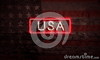 Neon USA America Patriotic Sign Flag USA Concept Art On Brick Wall Stock Photo