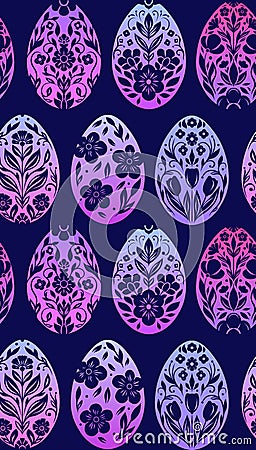 Neon vector seamless pattern with gradient Easter egg in folk art style on violet background. Texture with tracery decorative Vector Illustration