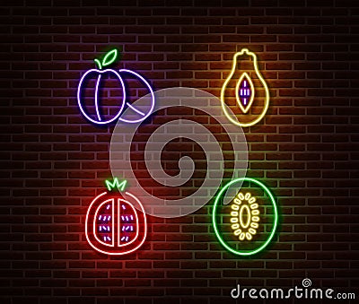 Neon vegetables fruits signs vector isolated on brick wall. Ripe plums, avocado, garnet, kiwi light Vector Illustration
