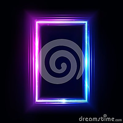 Neon vertical rectangle frame, border. Neon lights sign. Vector abstract background, tunnel, portal. Geometric glow outline Stock Photo