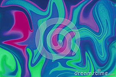 Neon vibrant digital marbling. Blue green color background. Neon colored suminagashi backdrop Stock Photo