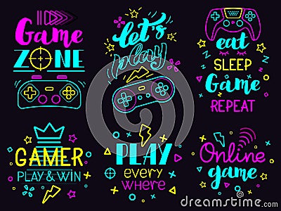 Neon video game phrases. Online game console lettering, modern gamer joystick concept, video games lettering isolated Vector Illustration