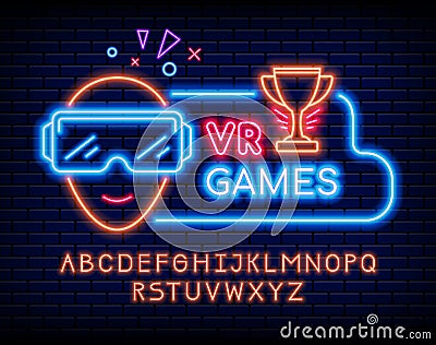 Neon video game text. VR computer gaming. Glowing signboard. Alphabet uppercase letters. Gamer with virtual reality Vector Illustration