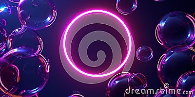 Neon Violet Light Ring Creates A Stunning Effect On Dark Round Frame With Bubbles Stock Photo