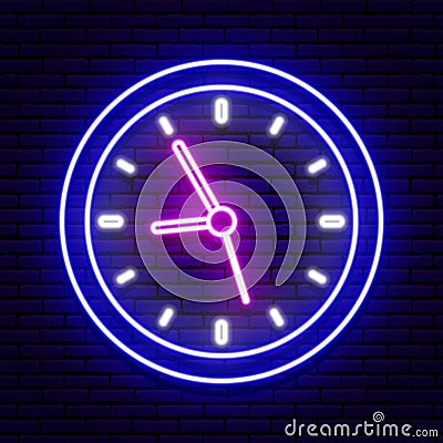 Neon wall clock. Blue and purple color. Vector Illustration