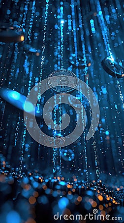 The neon waterfall from Bitcoin with technology binary code. Digital binary data and secure data with number 0 and 1. Stock Photo