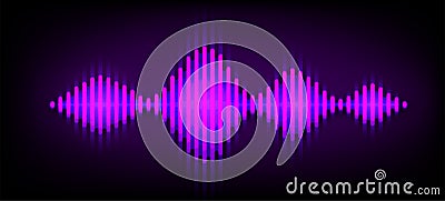 Neon wave sound vector background. Music soundwave design, purple light elements isolated on dark backdrop. Radio Vector Illustration