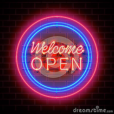 Neon welcome open signboard. Vector Illustration