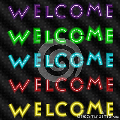Neon welcome text set cursive style template vector Vector Illustration