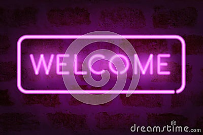 Neon welcome. Vector glowing sign on the brick wall Vector Illustration