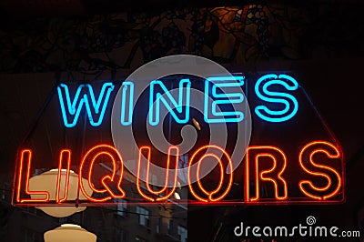 Neon Wines and Liquors Sign Stock Photo