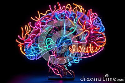 A Neon Wire Frame Brain, Generative AI Stock Photo