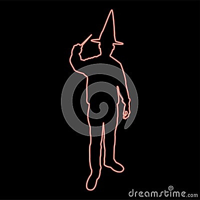 Neon wizard holds magic wand trick Waving Sorcery concept Magician Sorcerer Fantasy person Warlock man in robe with magical stick Vector Illustration
