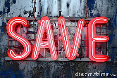 Neon word SAVE on dark shabby wall Stock Photo